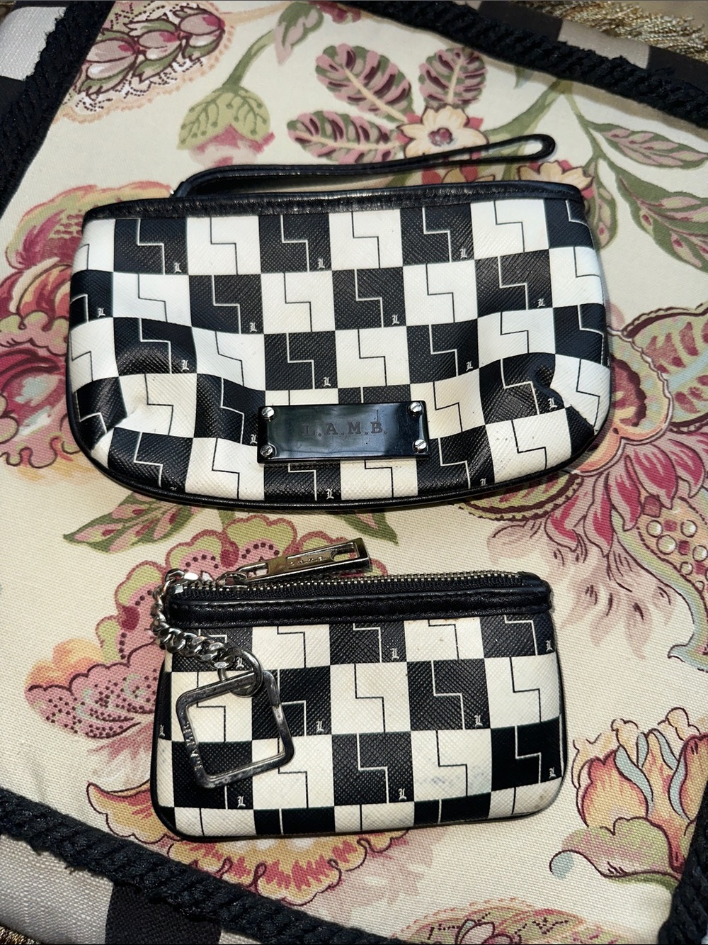 L.A.M.B. Black & White checkered Wristlet with Matching Coin Pouch sold as a se